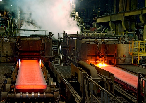 Steel exits the caster at ArcelorMittal Dofasco’s continuous casting facility in Hamilton, Ont.